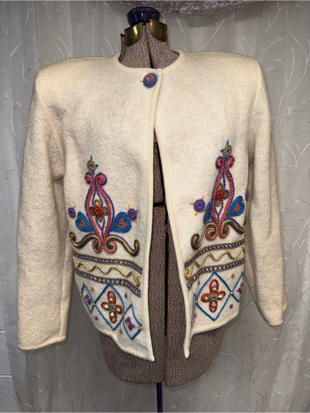 Vintage 80s Catharine Lover 100% Boiled Wool Embroidered Folk Art Jacket M